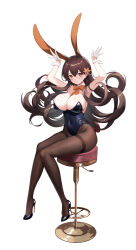 1girl absurdres animal_ears armpits arms_up azur_lane bar_stool black_leotard black_shoes blush bow bowtie breasts brown_eyes brown_hair brown_pantyhose chikuma_(azur_lane) cleavage detached_collar flower hair_flower hair_ornament high_heels highleg highleg_leotard highres large_breasts leotard long_hair looking_at_viewer niballl pantyhose patent_heels playboy_bunny pumps rabbit_ears rabbit_pose shoes simple_background smile solo stiletto_heels stool strapless strapless_leotard white_background wrist_cuffs