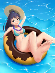 Rule 34 | 1girl, absurdres, aqua eyes, armpits, bad id, bad pixiv id, barefoot, bikini, blue hair, day, earrings, fang, feet, female focus, foot focus, from above, ganaha hibiki, hat, highres, hoop earrings, idolmaster, idolmaster (classic), innertube, jewelry, leg up, long hair, looking at viewer, open mouth, ponytail, soles, solo, sun hat, swim ring, swimsuit, toes, water