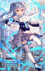 Rule 34 | 1girl, bare shoulders, black jacket, blue footwear, blue necktie, blue sky, blurry, blurry background, building, center frills, closed mouth, cloud, cloudy sky, commentary request, day, depth of field, frills, fujima takuya, grey hair, grey skirt, hair between eyes, jacket, kagamihara azumi, long hair, long sleeves, looking at viewer, necktie, outdoors, pleated skirt, red eyes, shirt, shoes, skirt, sky, sleeveless, sleeveless shirt, smile, solo, thighhighs, two side up, very long hair, white shirt, white thighhighs, z/x