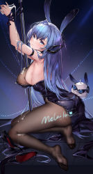 Rule 34 | 1girl, absurdres, animal ears, armpits, arms up, azur lane, bare shoulders, black footwear, black leotard, blue eyes, blue hair, bottle, bound, breasts, brown pantyhose, cleavage, fake animal ears, feet, from side, frown, high heels, highres, large breasts, leotard, long hair, looking at viewer, looking to the side, melailai, milk bottle, new jersey (azur lane), new jersey (exhilarating steps!) (azur lane), official alternate costume, pantyhose, patent heels, playboy bunny, pole, pouring, pouring onto self, pumps, rabbit ears, restrained, see-through, see-through cleavage, shoes, sideboob, solo, stiletto heels, stripper pole, unworn shoes