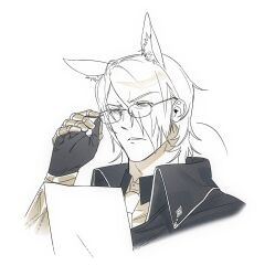 Rule 34 | 1boy, adjusting eyewear, animal ear fluff, animal ears, arknights, commentary request, furrowed brow, glasses, hand up, high collar, holding, holding paper, horse boy, horse ears, korean commentary, male focus, mamara tang, mlynar (arknights), paper, partially colored, short hair, simple background, squinting, upper body, white background