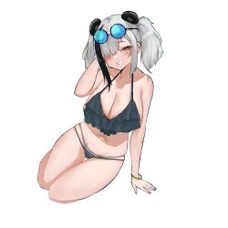 Rule 34 | 1girl, :d, animal ears, arknights, bare arms, bare shoulders, bear ears, bikini, black bikini, blue nails, blush, bracelet, breasts, cleavage, collarbone, eyewear on head, feater (arknights), full body, grey hair, grin, hair over one eye, highres, jewelry, large breasts, layered bikini, looking at viewer, multicolored hair, nail polish, open mouth, parted lips, purple-framed eyewear, red eyes, round eyewear, short hair, short twintails, sidelocks, simple background, sitting, smile, solo, streaked hair, sunglasses, swimsuit, teeth, thigh gap, twintails, two-tone hair, unknownnoname0, white background