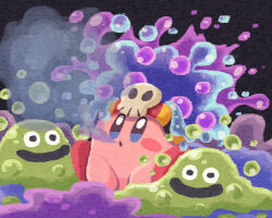 Rule 34 | blue eyes, blush stickers, blowing bubbles, bubble slime, copy ability, crossover, crown, dragon quest, kirby, kirby (series), miclot, nintendo, open mouth, red footwear, shoes, sitting, skull, slime (dragon quest), smile