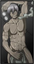Rule 34 | 00s, 1boy, abs, cigarette, franken stein (soul eater), glasses, lab coat, male focus, muscular, nude, scar, scientist, screw, smoking, solo, soul eater, standing, stitches