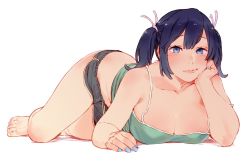 Rule 34 | 1girl, barefoot, blue eyes, blue hair, blue nails, blush, breasts, cleavage, collarbone, green tank top, kantai collection, large breasts, looking at viewer, lying, medium hair, nail polish, on stomach, short shorts, shorts, simple background, solo, souryuu (kancolle), tank top, twintails, uyama hajime, white background
