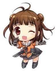 Rule 34 | 10s, 1girl, ;3, ;d, ahoge, antenna hair, blunt bangs, brown eyes, brown hair, cannon, chibi, double bun, elbow gloves, gloves, hair bun, kantai collection, lowres, naka (kancolle), one eye closed, open mouth, pleated skirt, rei (rei&#039;s room), sailor collar, short hair, skirt, smile, solo, wink