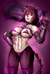 Rule 34 | 1girl, abs, aura, bad id, bad pixiv id, bare shoulders, between breasts, bikini, boots, breasts, chaos machina, collar, crossed bangs, demon girl, eyelashes, gauntlets, hair between eyes, hand on own hip, hand up, highleg, highleg bikini, highres, holding, holding sword, holding weapon, horns, kono yuusha ga ore tueee kuse ni shinchou sugiru, large breasts, lips, lipstick, load lawer, looking at viewer, makeup, metal collar, monster girl, muscular, muscular female, navel, nostrils, pale skin, parted lips, purple background, purple bikini, purple lips, realistic, short hair, sideboob, solo, standing, string bikini, swimsuit, sword, tail, thick thighs, thigh boots, thighhighs, thighs, toned, underboob, weapon