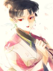 Rule 34 | 1girl, bad id, bad pixiv id, black hair, earrings, hand fan, inuyasha, japanese clothes, jewelry, kagura (inuyasha), kimono, light smile, lipstick, looking down, makeup, may c (lovemeiko), parted lips, petals, pointy ears, red eyes, simple background, solo, white background
