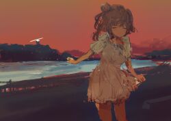 Rule 34 | 1girl, absurdres, bay, beach, blush, bow, bowtie, brown hair, cevio, closed eyes, closed mouth, commentary request, diffraction spikes, dress, evening, facing viewer, feet out of frame, hair bun, highres, kabuyama kaigi, leaning forward, lighthouse, long hair, outdoors, pink sky, puffy short sleeves, puffy sleeves, satou sasara, short dress, short sleeves, side ponytail, single side bun, skirt hold, sky, smile, solo, standing, white bow, white bowtie, white dress