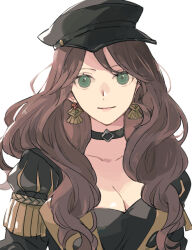 1girl black_choker black_hat black_jacket breasts brown_hair choker cleavage closed_mouth dorothea_arnault earrings fire_emblem fire_emblem:_three_houses garreg_mach_monastery_uniform green_eyes hat jacket jewelry long_hair medium_breasts nintendo tenjin_(ahan)