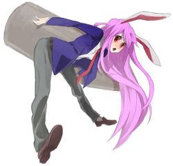 Rule 34 | 1girl, :o, alternate costume, animal ears, bent over, blazer, bullet, female focus, full body, jacket, loafers, long hair, necktie, pants, rabbit ears, red necktie, reisen udongein inaba, shoes, simple background, solo, touhou, very long hair, white background