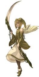 Rule 34 | 1boy, androgynous, angel wings, bad id, bad pixiv id, bare shoulders, black pantyhose, blonde hair, blue eyes, bob cut, clothing cutout, detached sleeves, elona, expressionless, feathered wings, full body, green footwear, green hat, harusame (rueken), hat, holding, holding scythe, jester cap, kumiromi of harvest, long skirt, long sleeves, looking at viewer, male focus, pantyhose, parted lips, plant, pointy footwear, scythe, short hair, simple background, skirt, solo, standing, tachi-e, trap, turtleneck, white background, white skirt, white wings, wide sleeves, wings