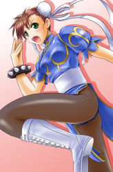 Rule 34 | artist request, ass, blush, boots, bracelet, brown pantyhose, capcom, china dress, chinese clothes, chun-li, cross-laced footwear, dress, gold trim, gradient background, jewelry, lace-up boots, pantyhose, pelvic curtain, pink background, solo, spiked bracelet, spikes, standing, standing on one leg, street fighter, thighs