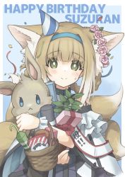 Rule 34 | 1girl, :&lt;, absurdres, animal ear fluff, animal ears, arknights, basket, black collar, blonde hair, blue background, blue hairband, blush, border, box, braid, character name, collar, dress, fox ears, fox girl, fox tail, gift, gift box, green eyes, hairband, happy birthday, hat, head wreath, highres, holding, holding stuffed toy, infection monitor (arknights), looking at viewer, material growth, multicolored hair, multiple tails, oripathy lesion (arknights), party hat, plant, semi colon, short hair, simple background, smile, solo, streaked hair, stuffed animal, stuffed rabbit, stuffed toy, suzuran (arknights), sweatdrop, tail, upper body, white border, white dress, white hair