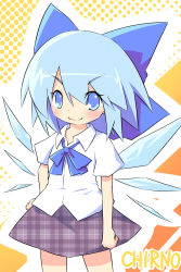 Rule 34 | 1girl, alternate costume, ayakashi (monkeypanch), bad id, bad pixiv id, blue eyes, blue hair, bow, cirno, female focus, hair bow, halftone, halftone background, hand on own hip, highres, hip focus, matching hair/eyes, school uniform, short hair, skirt, smile, solo, touhou, wings