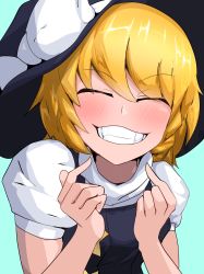 Rule 34 | 1girl, absurdres, black hat, black vest, blonde hair, blue background, blush, bow, closed eyes, commentary request, cookie (touhou), eyes visible through hair, grin, hat, hat bow, highres, kirisame marisa, long hair, osuwari, puffy short sleeves, puffy sleeves, shirt, short sleeves, simple background, smile, solo, star (symbol), suzu (cookie), teeth, touhou, turtleneck, upper body, vest, white bow, white shirt, witch hat