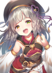 Rule 34 | 1girl, :d, bare shoulders, belt, belt buckle, black hat, blunt bangs, braid, brown eyes, buckle, commentary request, corset, cowboy shot, detached sleeves, dress, erune, flat chest, granblue fantasy, green eyes, grey hair, hat, hat ribbon, head tilt, heterochromia, highres, long hair, long sleeves, looking at viewer, multiple braids, open mouth, pholia, purple ribbon, revision, ribbon, smile, solo, teeth, thick eyebrows, topia, very long hair
