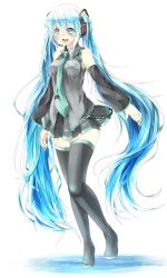 Rule 34 | 1girl, aqua eyes, aqua hair, ayaka (kuutyuuburannko), bad id, bad pixiv id, boots, breasts, detached sleeves, hatsune miku, headset, highres, long hair, necktie, open mouth, simple background, skirt, solo, thigh boots, thighhighs, twintails, very long hair, vocaloid, white background