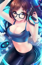 Rule 34 | 1girl, arm over head, arms up, artist name, bead bracelet, beads, black bra, black pants, blue bracelet, blue shirt, bra, bracelet, breasts, brown eyes, brown hair, cleavage, closed mouth, crop top, deviantart username, freckles, gun, highres, holding, holding gun, holding weapon, jewelry, large breasts, looking at viewer, mei (overwatch), navel, overwatch, overwatch 1, pants, shirt, short hair, smile, snowball (overwatch), solo, squchan, stomach, tank top, underwear, watermark, weapon, web address