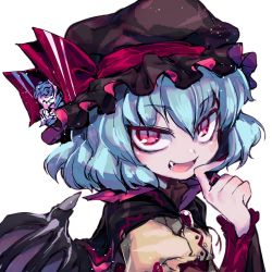 Rule 34 | 1girl, alternate color, bat wings, black cape, black hat, blue hair, brooch, cape, fang, fingernails, flower, hand up, hat, hat flower, hat ribbon, highres, ifelt (tamaki zutama), jewelry, long fingernails, long sleeves, looking at viewer, mob cap, nail polish, open mouth, red eyes, red nails, red ribbon, remilia scarlet, ribbon, rose, short hair, simple background, smile, solo, touhou, upper body, white background, wings