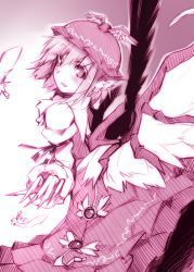 Rule 34 | 1girl, animal ears, blush, dress, feathers, hat, kazetto, long sleeves, looking at viewer, looking back, monochrome, mystia lorelei, short hair, sketch, smile, solo, touhou, wings