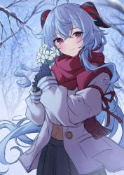 Rule 34 | 1girl, ahoge, alternate costume, bare tree, black gloves, black skirt, blue flower, blue hair, blue sky, blush, bow, branch, brown shirt, buttons, closed mouth, coat, commentary request, crossed bangs, flower, ganyu (genshin impact), genshin impact, gloves, goat horns, grey coat, hair between eyes, hands up, highres, holding, holding flower, horns, long hair, long sleeves, looking to the side, open clothes, open coat, ponytail, puffy long sleeves, puffy sleeves, purple eyes, red bow, red scarf, scarf, shirt, sidelocks, skirt, sky, smile, snow, snowing, solo, standing, sukuemon, tree, winter, winter clothes