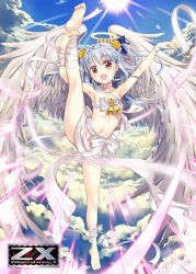 Rule 34 | 1girl, angel, angel wings, armpits, arms up, barefoot, bell, blue hair, bow, character request, cloud, commentary request, convenient censoring, copyright request, feet, flat chest, flower, fujima takuya, groin, gymnastics, gymnastics ribbon, hair flower, hair ornament, halo, jingle bell, legs, long hair, naked ribbon, navel, no panties, nude, open mouth, red eyes, rhythmic gymnastics, ribbon, sky, smile, soles, solo, split, spread legs, standing, standing on one leg, standing split, sun, toes, two side up, wings