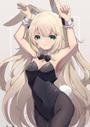 Rule 34 | 1girl, :3, absurdres, animal ears, armpits, arms up, black leotard, black pantyhose, blonde hair, bow, bowtie, breasts, cleavage, cowboy shot, detached collar, green eyes, highres, hinata (user rjkt4745), leotard, medium breasts, original, pantyhose, playboy bunny, rabbit ears, rabbit pose, rabbit tail, solo, standing, strapless, strapless leotard, tail, wrist cuffs
