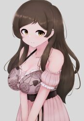 1girl bare_shoulders black_hair breasts cleavage collarbone detached_sleeves dot_nose floral_print frilled_negligee frills grey_background halterneck highres idolmaster idolmaster_million_live! idolmaster_million_live!_theater_days kitazawa_shiho large_breasts layered_nightgown long_hair looking_at_viewer official_alternate_costume own_hands_together parted_bangs pink_negligee puffy_detached_sleeves puffy_sleeves ribbon-trimmed_sleeves ribbon_trim rose_print sexy_beautiful_(idolmaster) sidelocks simple_background solo straight_hair yamikumo_rindo yellow_eyes