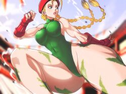 Rule 34 | 1girl, abs, bare shoulders, blonde hair, blue eyes, boots, breasts, cammy white, hat, highleg, highleg leotard, highres, large breasts, leotard, long hair, muscular, muscular female, opalis, sleeveless, street fighter