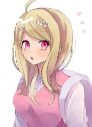 Rule 34 | 1girl, :o, ahoge, akamatsu kaede, backpack, bag, blonde hair, blush, breasts, collared shirt, commentary request, danganronpa (series), danganronpa v3: killing harmony, eighth note, fortissimo, hair ornament, highres, large breasts, long hair, long sleeves, looking at viewer, mizu kuki, musical note, musical note hair ornament, notice lines, open mouth, pink eyes, pink sweater, pink sweater vest, shirt, simple background, solo, sweater, sweater vest, teeth, upper body, upper teeth only, white background, white shirt, wing collar
