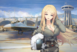 Rule 34 | 1girl, adjusting hair, air supreriority fighter, aircraft, airplane, black bra, blonde hair, blue eyes, blue sky, bra, breasts, building, cleavage, commentary request, contrail, dog tags, fighter aircraft, fighter jet, hangar, harness, helmet, highres, holding, holding helmet, interdictor, jet, lace, lace bra, large breasts, liu lan, long hair, looking at viewer, military, military base, military truck, military uniform, military vehicle, motor vehicle, multirole combat aircraft, open mouth, original, outdoors, parted bangs, pilot, pilot helmet, pilot suit, runway, satellite dish, sky, soldier, standing, su-30, truck, underwear, uniform, vehicle focus