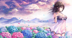 Rule 34 | 1girl, blush, braid, breasts, brown eyes, brown hair, cleavage, cloud, flower, from side, hand on own chest, highres, hydrangea, large breasts, mountain, mountainous horizon, original, petals, rainbow, solo, tama satou