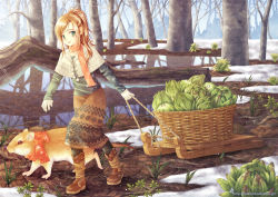 Rule 34 | 1girl, artichoke (food), basket, black pantyhose, blonde hair, boots, brown footwear, buckle, butterbur, capelet, copyright request, day, food, forest, from side, gloves, green eyes, hair over shoulder, high ponytail, knit skirt, leaf, long hair, long sleeves, looking at viewer, mini person, minigirl, mouse (animal), nature, orange scarf, outdoors, pantyhose, parted lips, pom pom (clothes), ponytail, print scarf, puddle, pulling, reflection, rope, scarf, skirt, sled, smile, snow, snowflake print, solo, sunlight, sweater, swept bangs, tree, vegetable, water, watermark, web address, white gloves, yue natsuki