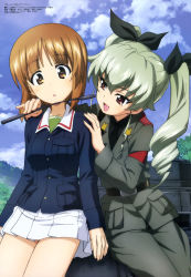 Rule 34 | 10s, 2girls, :d, :o, absurdres, anchovy (girls und panzer), belt, black shirt, brown eyes, brown hair, cloud, day, dress shirt, drill hair, girls und panzer, grey jacket, grey pants, highres, implied yuri, itou takeshi, jacket, long sleeves, megami magazine, military, military uniform, military vehicle, motor vehicle, multiple girls, necktie, nishizumi miho, non-web source, official art, open mouth, pants, panzer iv, panzer iv, pleated skirt, red eyes, riding crop, school uniform, shirt, short hair, silver hair, skirt, sky, smile, tank, twintails, uniform, vehicle, white skirt