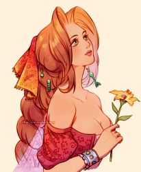 Rule 34 | 1girl, aerith gainsborough, amano yoshitaka design, bare shoulders, bracer, braid, braided ponytail, breasts, cape, cleavage, collarbone, dress, final fantasy, final fantasy vii, flower, green eyes, hair ornament, hair ribbon, highres, holding, holding flower, lips, long hair, looking to the side, medium breasts, off-shoulder dress, off shoulder, official alternate costume, parted bangs, pink cape, pink dress, ribbon, see-through cape, short sleeves, shrug (clothing), solo, square enix, thar chandran, upper body, yellow flower