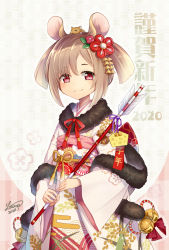 Rule 34 | 1girl, 2020, animal, animal ears, animal on head, arrow (projectile), bell, blush, brown hair, cheese, chinese zodiac, closed mouth, commentary request, dated, floral print, flower, food, hair flower, hair ornament, hamaya, holding, holding arrow, japanese clothes, jingle bell, kimono, long sleeves, looking at viewer, mouse ears, nengajou, new year, obi, on head, original, parted bangs, print kimono, purple ribbon, red eyes, red flower, ribbon, ronce, sash, short hair, sidelocks, signature, smile, solo, twintails, white kimono, wide sleeves, year of the rat