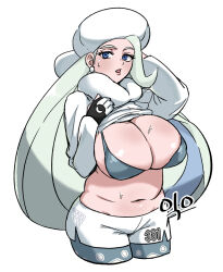 Rule 34 | 1girl, arm behind head, belly, blonde hair, blue bra, blue eyes, bra, breasts, clothes lift, creatures (company), cropped legs, earrings, fur hat, game freak, gigobyte350, gloves, hat, jewelry, large breasts, long hair, long sleeves, mature female, melony (pokemon), multicolored hair, nintendo, pantyhose, pantyhose under shorts, pearl earrings, plump, pokemon, pokemon swsh, ring, scarf, shorts, side slit, side slit shorts, single glove, solo, streaked hair, sweat, sweatdrop, sweater, sweater lift, underwear, ushanka, wedding ring, white scarf, white sweater