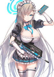 Rule 34 | 1girl, assault rifle, asuna (blue archive), blue archive, blue eyes, blush, breasts, bullpup, cleavage, collarbone, dress, elbow gloves, famas, frilled dress, frills, garter straps, gloves, gun, hair over one eye, halo, highres, holding, holding gun, holding magazine (weapon), holding weapon, large breasts, light brown hair, long hair, looking at viewer, magazine (weapon), maid, maid headdress, mole, mole on breast, rifle, simple background, skindentation, smile, solo, thighhighs, upper body, very long hair, weapon, white background, white gloves, white thighhighs, zombie mogura
