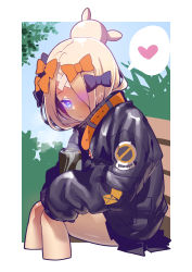Rule 34 | 1girl, abigail williams (fate), abigail williams (traveling outfit) (fate), absurdres, alternate hairstyle, bandaid, bandaid on face, bandaid on forehead, belt, bench, black bow, black jacket, blonde hair, blue eyes, blush, bow, bush, can, commentary request, deathwingxiii, fate/grand order, fate (series), forehead, hair bow, hair bun, hair over one eye, heart, high collar, highres, jacket, long hair, looking at viewer, looking to the side, official alternate costume, orange bow, parted bangs, polka dot, polka dot bow, single hair bun, sitting, sleeves past fingers, sleeves past wrists, solo, spoken heart, thighs, tree
