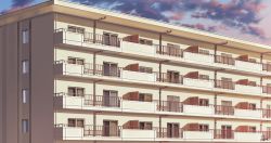 Rule 34 | apartment, blue sky, building, cloud, commentary request, fence, hakuurei amano, highres, no humans, original, outdoors, scenery, sky, sunset, watermark, window