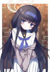 Rule 34 | 1girl, black hair, blue archive, blue eyes, blurry, blurry background, blush, bookshelf, chair, commentary request, glaring, halo, headband, highres, jewelry, jitome, long hair, necklace, school uniform, sitting, solo, sweater, ui (blue archive), waon (43ctw)