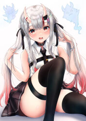 Rule 34 | 1girl, black choker, black ribbon, black skirt, black thighhighs, blunt bangs, blush, bracelet, center-flap bangs, choker, collared shirt, commentary, convenient leg, feet out of frame, gradient hair, grey hair, hair between eyes, hair ornament, hair ribbon, hands up, highres, holding, holding hair, hololive, horns, jewelry, knee up, long hair, looking at viewer, lower teeth only, miniskirt, multicolored hair, nakiri ayame, official alternate costume, oni, open mouth, pleated skirt, red eyes, red hair, ribbon, shirt, sidelocks, simple background, sitting, skin-covered horns, skirt, sleeveless, sleeveless shirt, solo, spirit, straight hair, streaked hair, teeth, terra bose, thigh strap, thighhighs, tsurime, twintails, upturned eyes, very long hair, virtual youtuber, w arms, white background, white shirt, x hair ornament