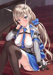 Rule 34 | 1girl, between breasts, black gloves, black panties, blonde hair, blue bow, blue eyes, blue necktie, bow, breasts, capelet, dress, gloves, grey dress, hand on own face, headgear, highres, kantai collection, large breasts, long hair, low twintails, maryland (kancolle), mayura (lucadia), necktie, panties, shirt, sitting, solo, stairs, strapless, strapless dress, thighhighs, twintails, underwear, white shirt