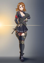 Rule 34 | 1girl, absurdres, ankle boots, armband, assault rifle, black footwear, black jacket, black skirt, black thighhighs, blue eyes, boots, breasts, brown hair, cleavage, closed mouth, collarbone, full body, gloves, gradient background, grey background, grey gloves, gun, hair ornament, hairclip, highres, holding, holding gun, holding weapon, jacket, large breasts, lips, long sleeves, looking at viewer, m16, m16a2, northman, open clothes, open jacket, original, rifle, short hair, skirt, smile, solo, standing, thighhighs, trigger discipline, weapon, zettai ryouiki
