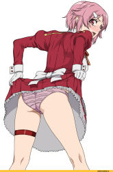 Rule 34 | 10s, 1girl, ass, blush, clothes lift, crotch seam, dress, dress lift, freckles, from behind, gloves, hair ornament, hairclip, highres, kneepits, lifting own clothes, lisbeth (sao), looking at viewer, matching hair/eyes, open mouth, panties, pink eyes, pink hair, pink panties, red dress, shichimenchou, short hair, simple background, solo, sword art online, tearing up, tears, thigh strap, turning head, underwear, white background, white gloves