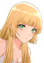 Rule 34 | 1girl, alternate hairstyle, blonde hair, breasts, cleavage, closed mouth, collarbone, commentary request, fire emblem, fire emblem: three houses, green eyes, highres, ingrid brandl galatea, long hair, looking at viewer, nintendo, portrait, simple background, small breasts, solo, straight hair, white background, yuurururun