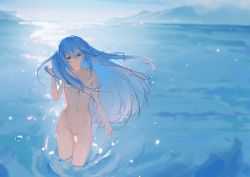 Rule 34 | 1girl, absurdres, alternate hair length, alternate hairstyle, ayanami rei, blue hair, breasts, closed mouth, commentary, completely nude, day, hand up, highres, long hair, looking at viewer, navel, neon genesis evangelion, no nipples, no pussy, nude, outdoors, red eyes, sandwich (3meiji), small breasts, smile, solo, symbol-only commentary, wading, water, water drop