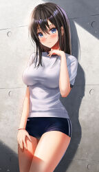 Rule 34 | 1girl, against wall, black buruma, black hair, blue eyes, blush, bracelet, breasts, buruma, closed mouth, commentary request, gym shirt, gym uniform, hair between eyes, hair over shoulder, hand on own thigh, highres, jewelry, long hair, looking at viewer, medium breasts, original, shirt, short sleeves, smile, standing, thighs, white shirt, yukemuriganmo