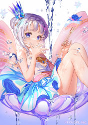 Rule 34 | 1girl, baizu (guszx), blue eyes, breasts, cake, cake slice, character request, closed mouth, company name, copyright notice, crown, dress, food, fork, hands up, highres, holding, holding fork, knees up, leaning back, looking at viewer, mini crown, shironeko project, short hair, sidelocks, sitting, sleeveless, sleeveless dress, small breasts, solo, strapless, strapless dress, tina topia, white hair, wiping mouth
